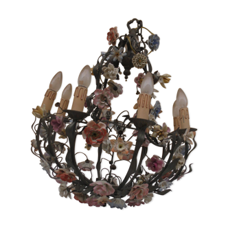 Bronze chandelier and porcelain flowers 1950s