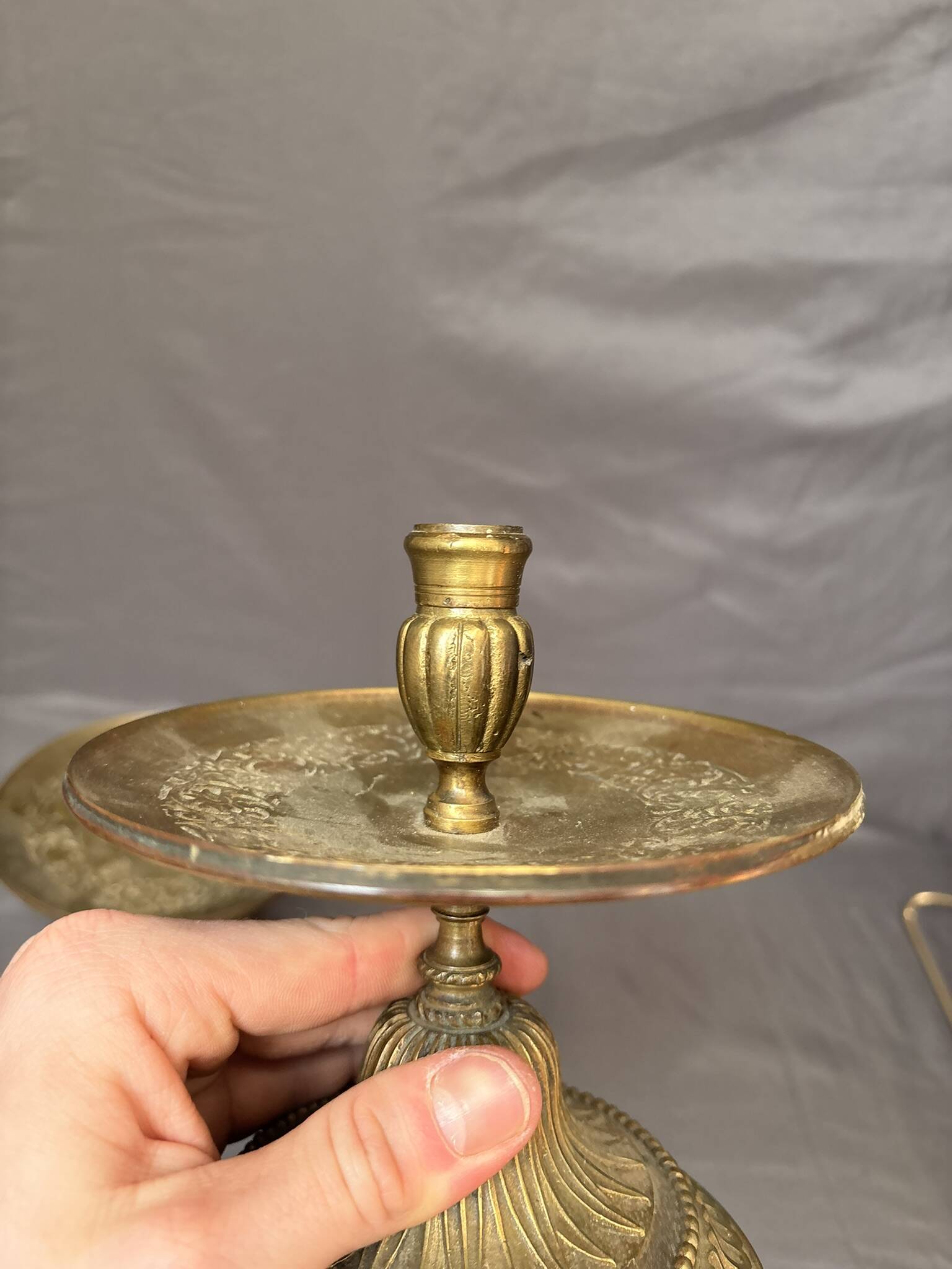 Antique Pair of Candle Holders with Saucer Empire Gilded Brass Neoclassical