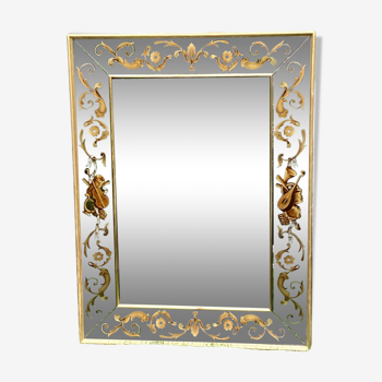 Miroir ancien à parecloses et verre églomisé style 18ème