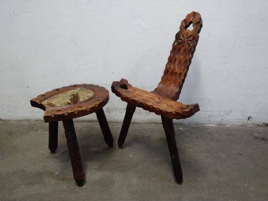 Vintage Spanish Wooden Chair and Stool from the 1970s
