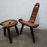 Vintage Spanish Wooden Chair and Stool from the 1970s