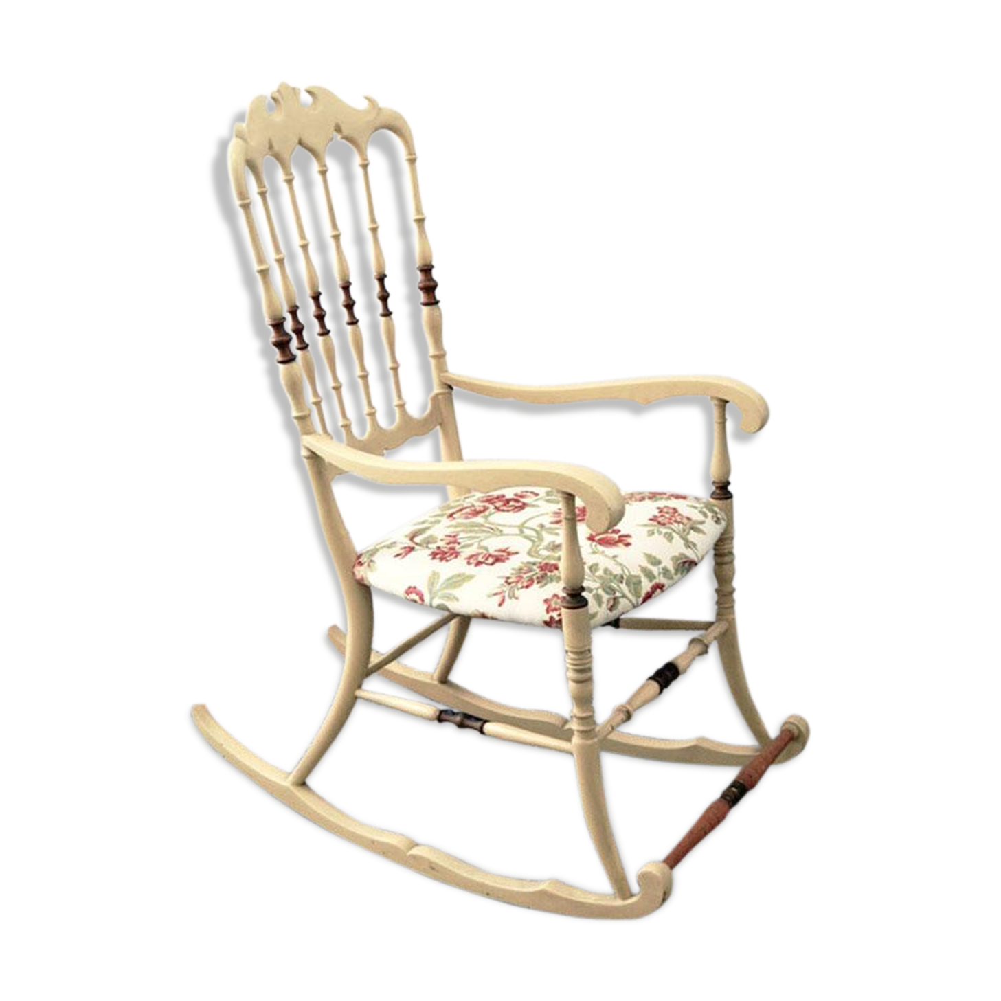Rocking chair chiavarina vintage en frêne clair avec assise en damas, 1950