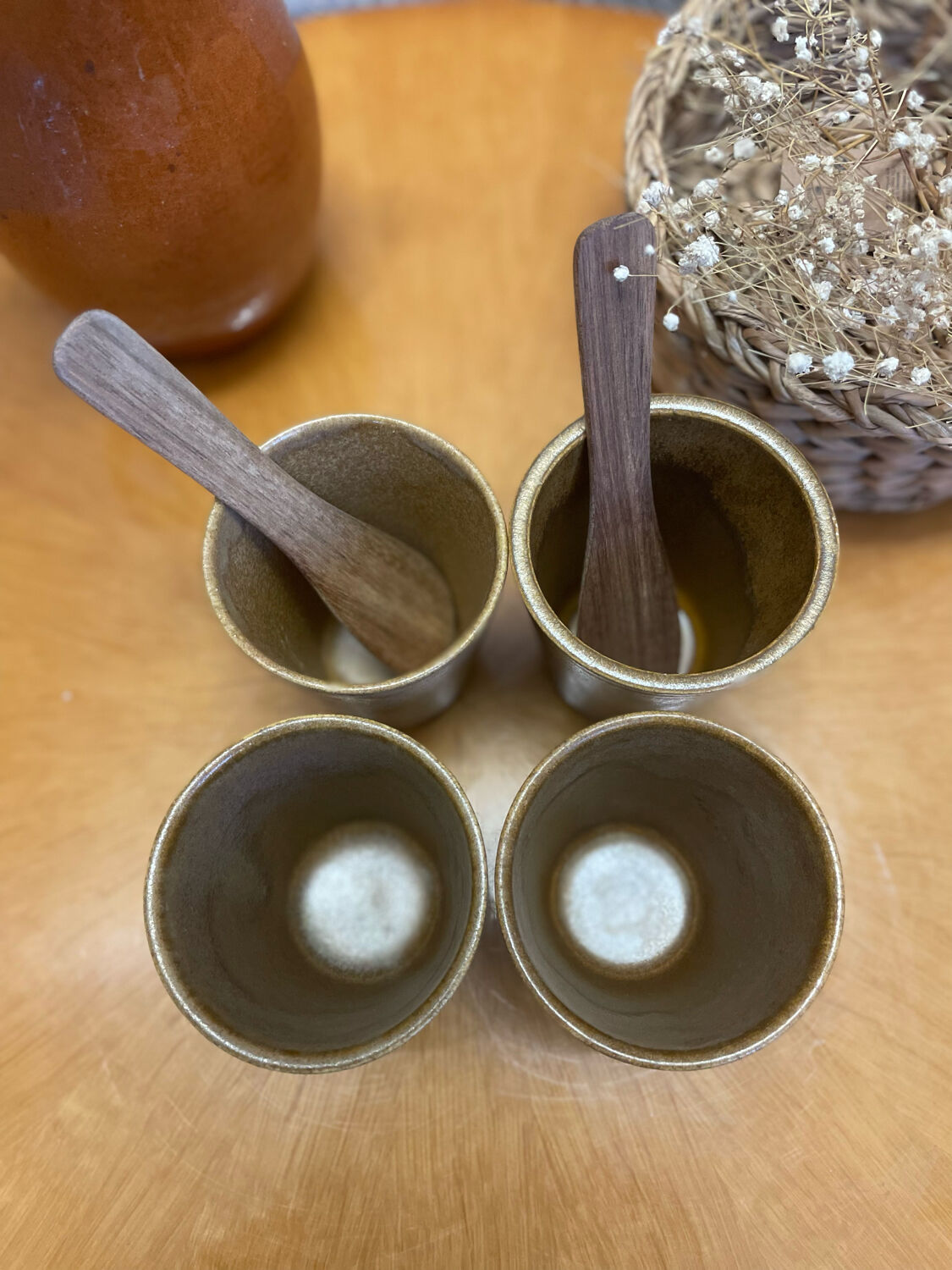 Set of 4 Digoin stoneware cups, glasses and wooden spoons