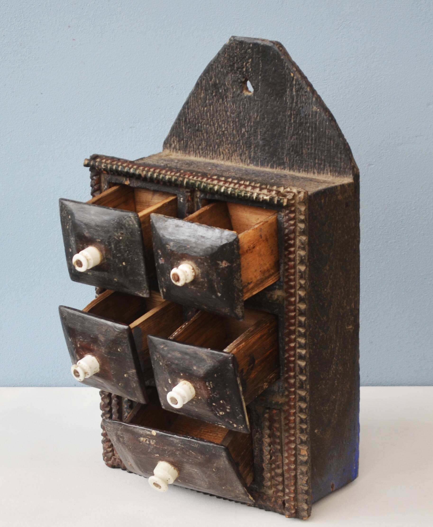 Primitive Wood Carved Kitchen Apothecary Spices Cabinet