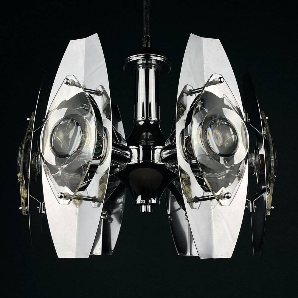Chrome and glass lustre with lenses by Oscar Torlasco, Italy, 1960s.