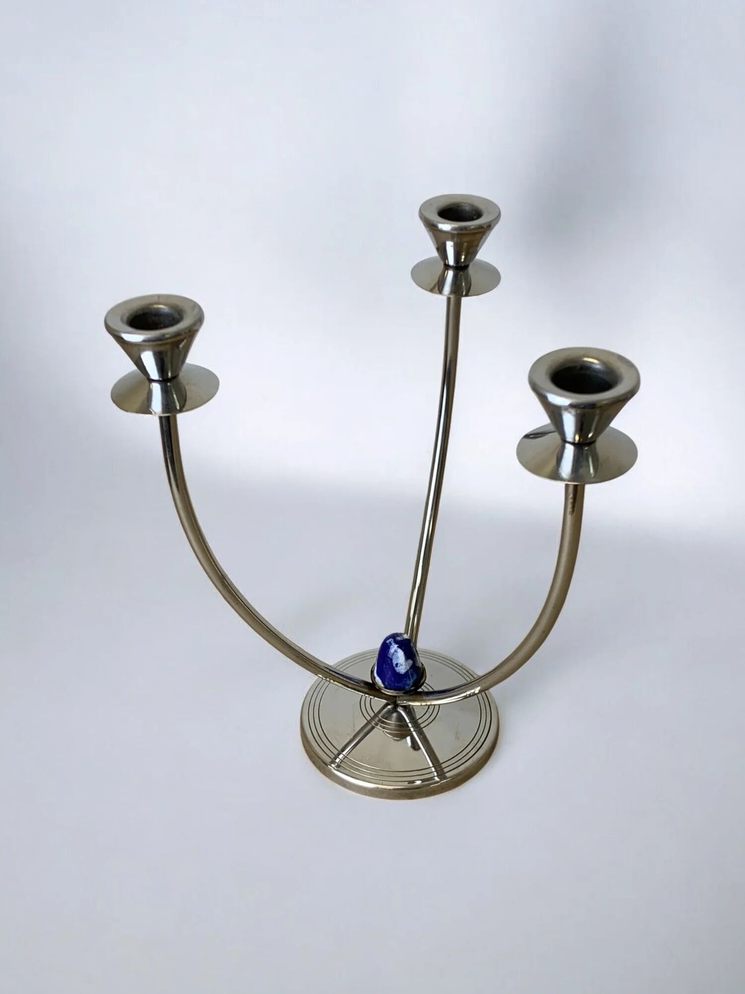 Art deco candlestick in stainless steel, 3 flames and blue stones, Spain, circa 1970s