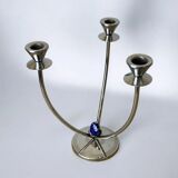 Art deco candlestick in stainless steel, 3 flames and blue stones, Spain, circa 1970s