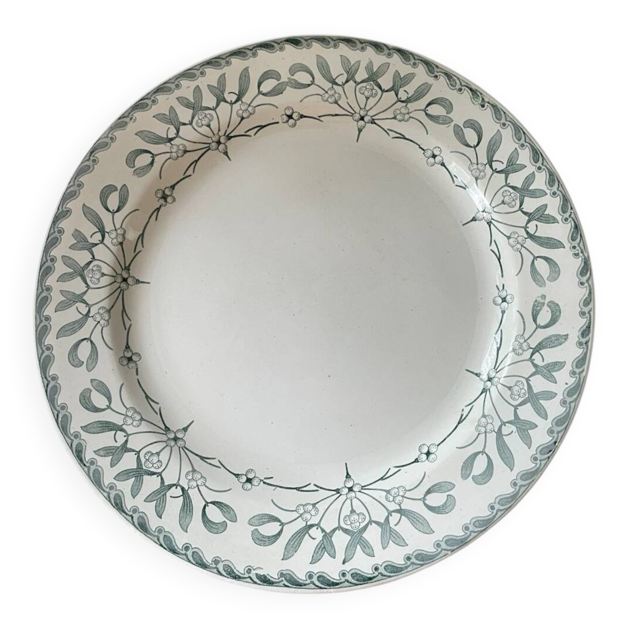 Antique round ironstone dish with mistletoe decoration, Grand Dépôt by Emile Bour
