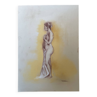 Painting signed sanguine pastel female portrait “the pose”