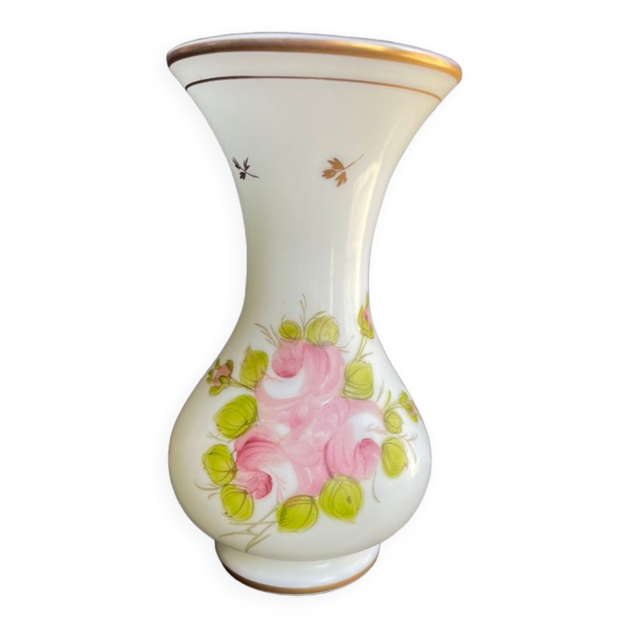 Vase Napoleon III in white opaline with floral decoration with gilding