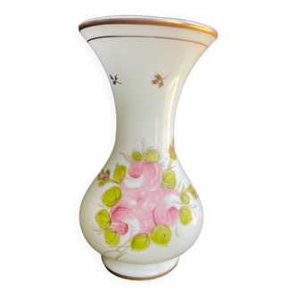 Vase Napoleon III in white opaline with floral decoration with gilding