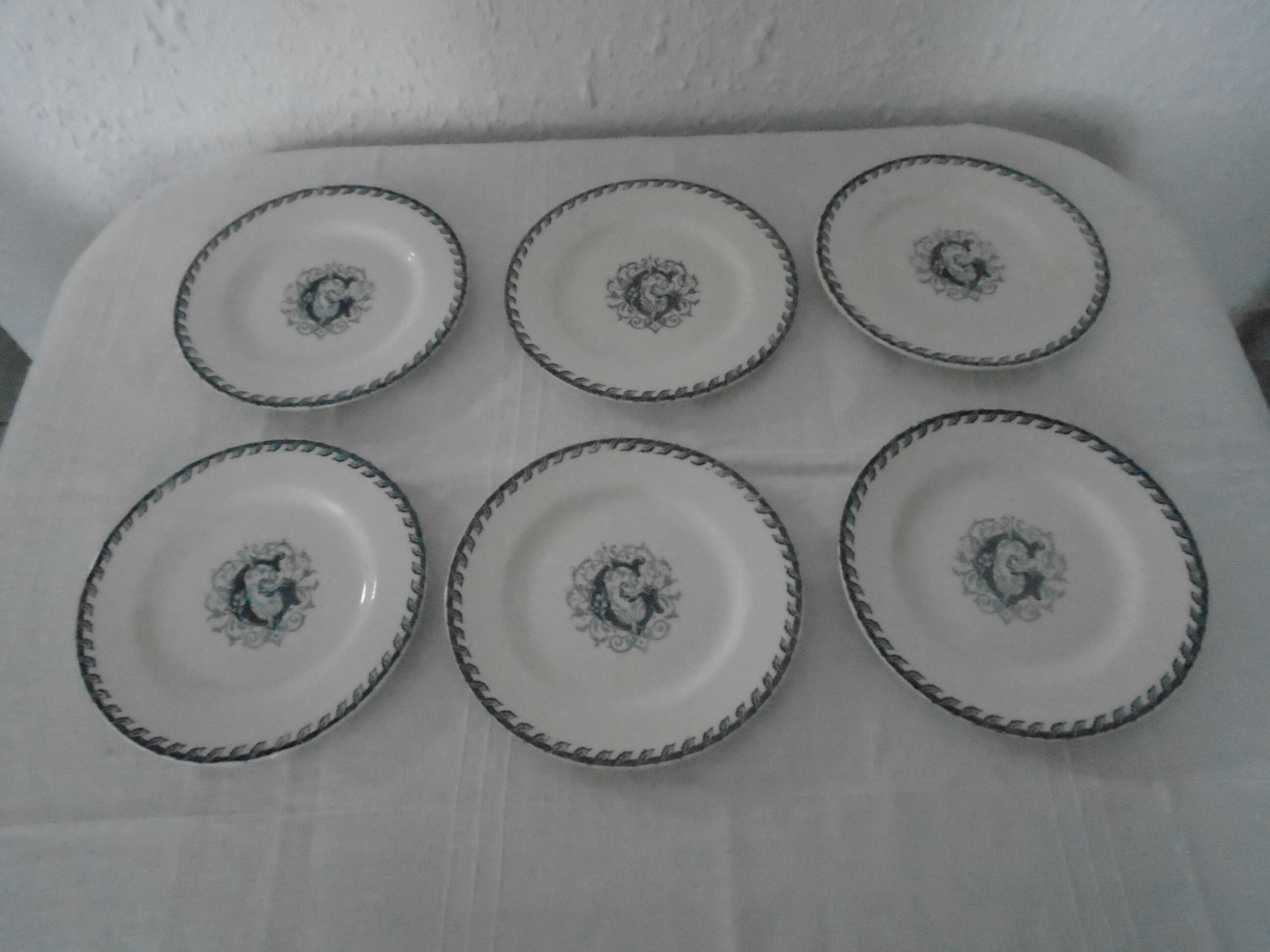 6 flat plates K - G Lunéville original blue decoration "G" old faience