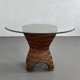 Round Woven Rattan and Beveled Glass Dining Table, 1970s