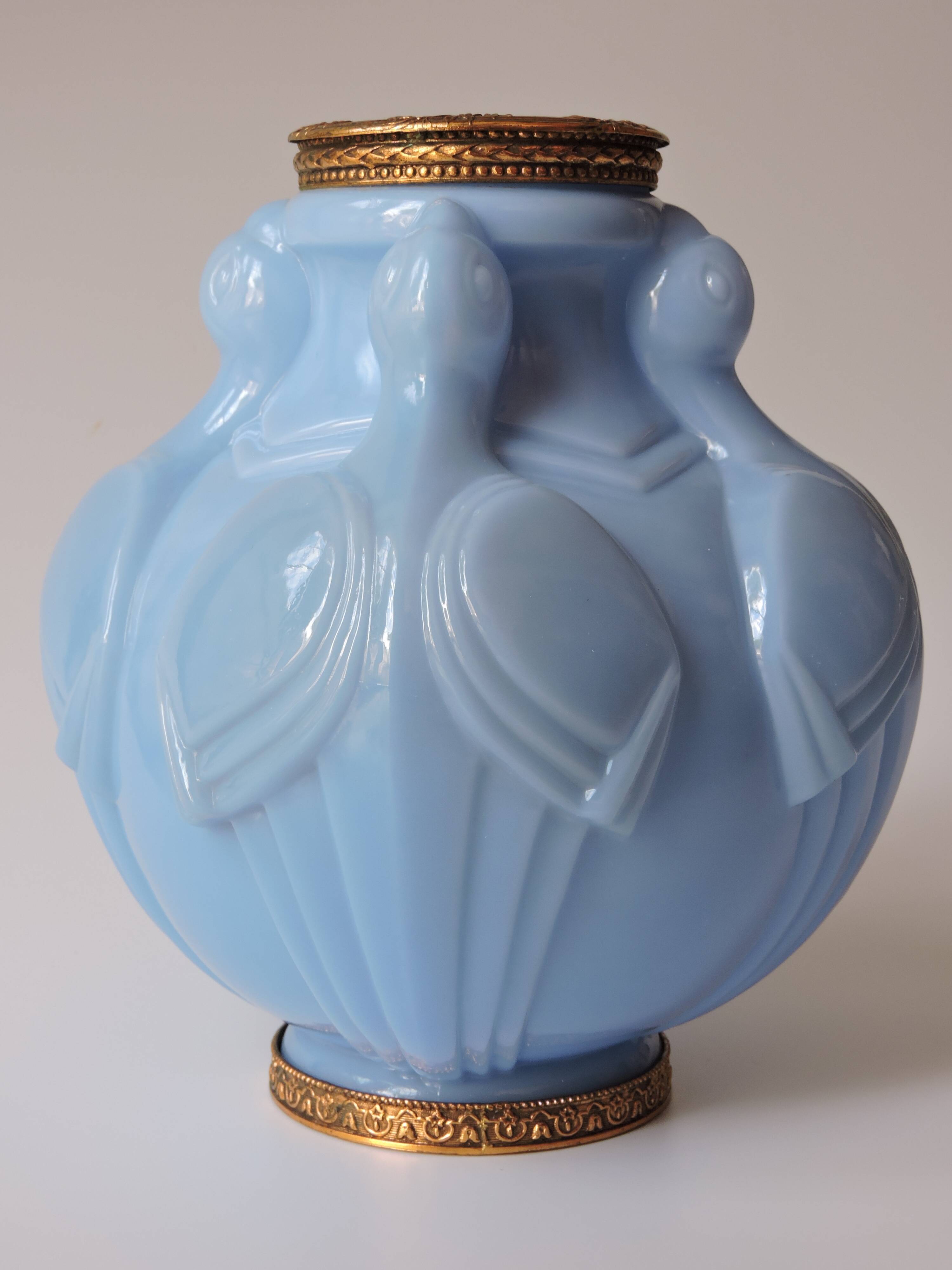 Art Deco vase in molded and pressed opaline. Stamped CLA France décor of Birds