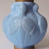 Art Deco vase in molded and pressed opaline. Stamped CLA France décor of Birds