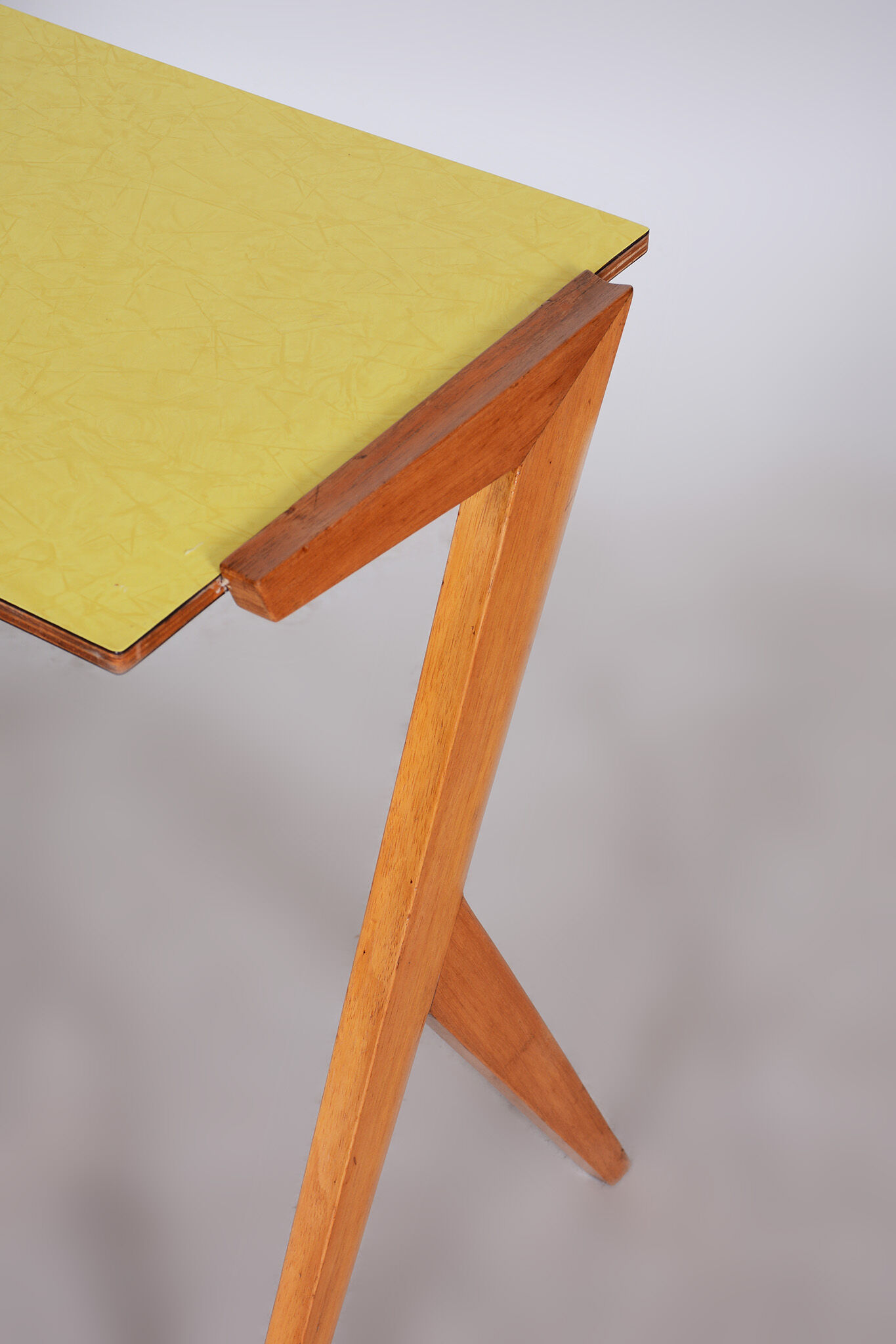 Midcentury small yellow table, beech, umakart, restored, Czechia, 1950s