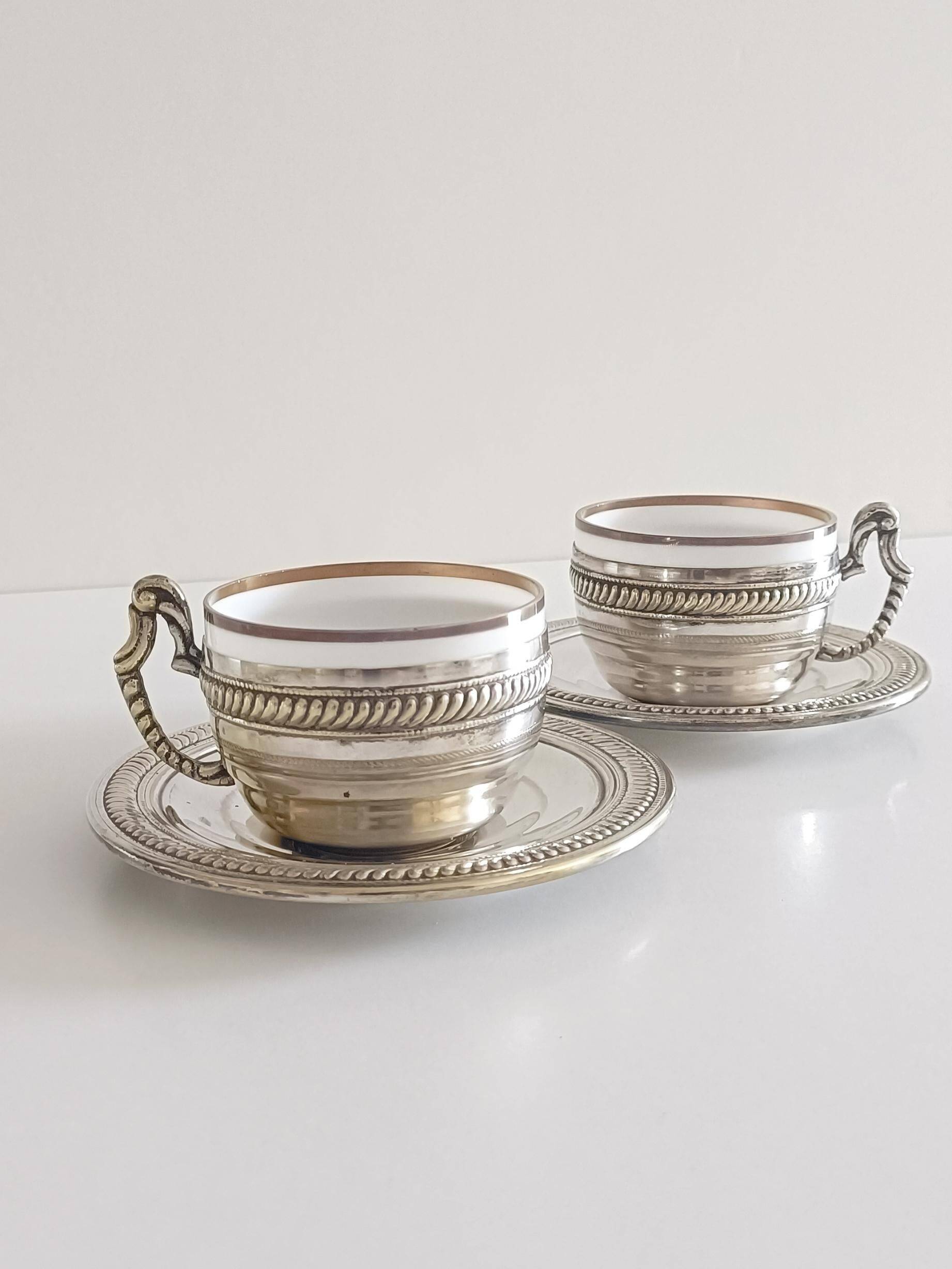 Victorian Alpaca Silver Tea or Coffee Pair of Cups and Plates, England 19th C.