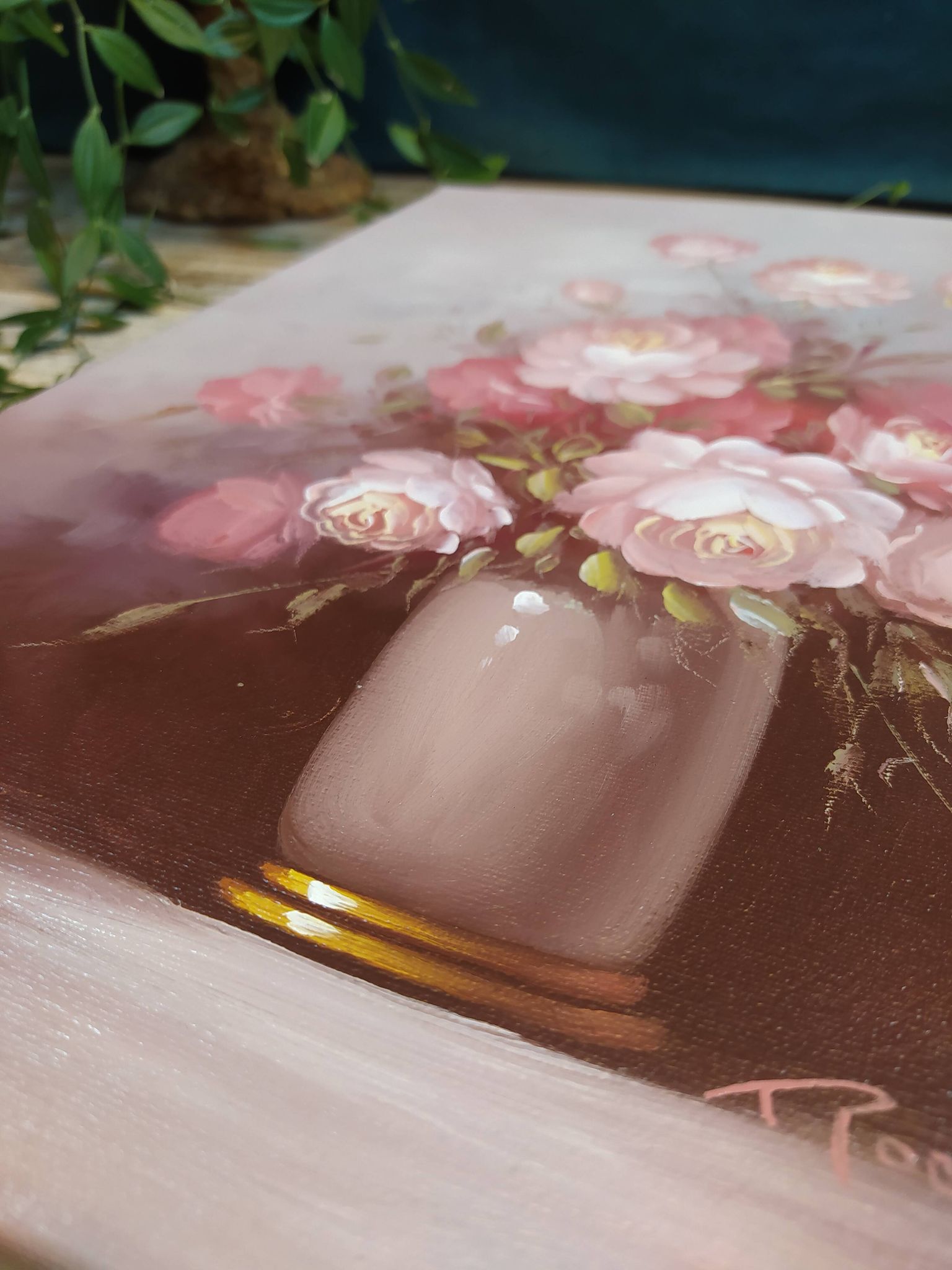 Still life painting bouquet of pink flowers signed Robert Cox