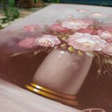 Still life painting bouquet of pink flowers signed Robert Cox