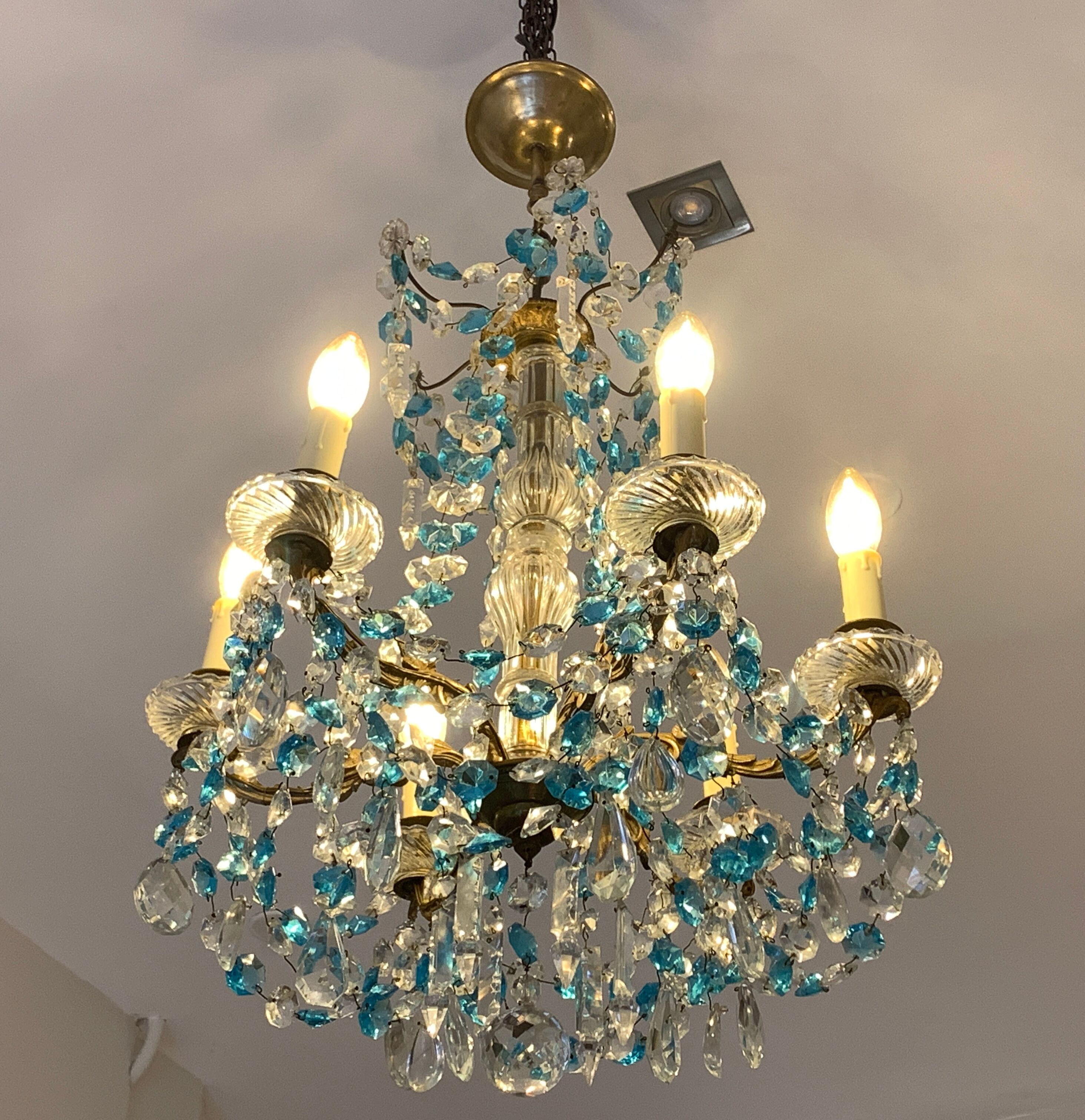Chandelier with blue crystal pimples, 6 lights, Baccarat, 1950, art nouveau style