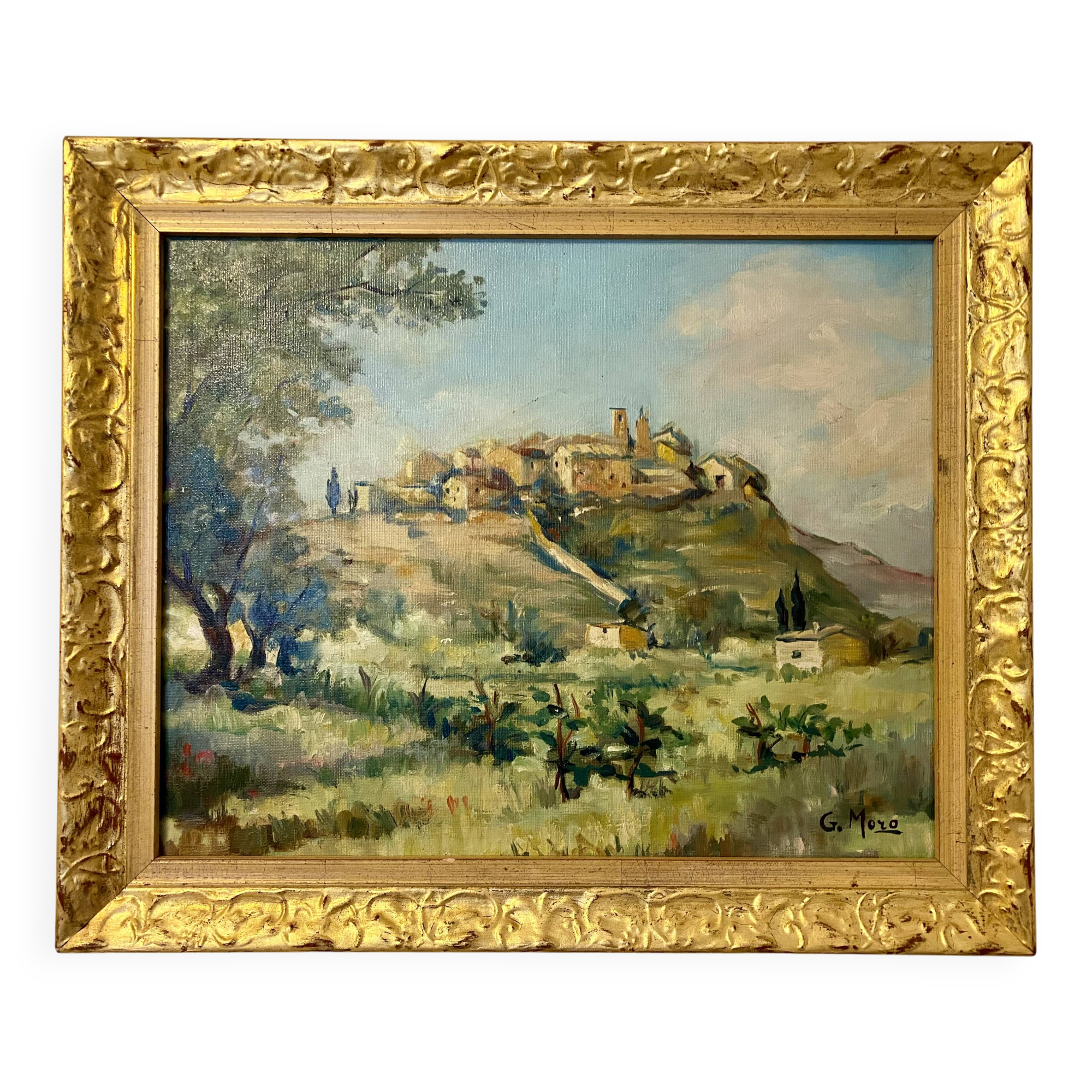 A painting representing a village in Tuscany.