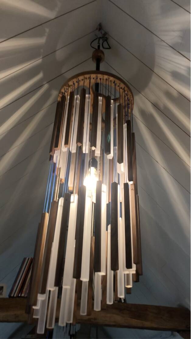 Walnut and plexiglass tube pendant light