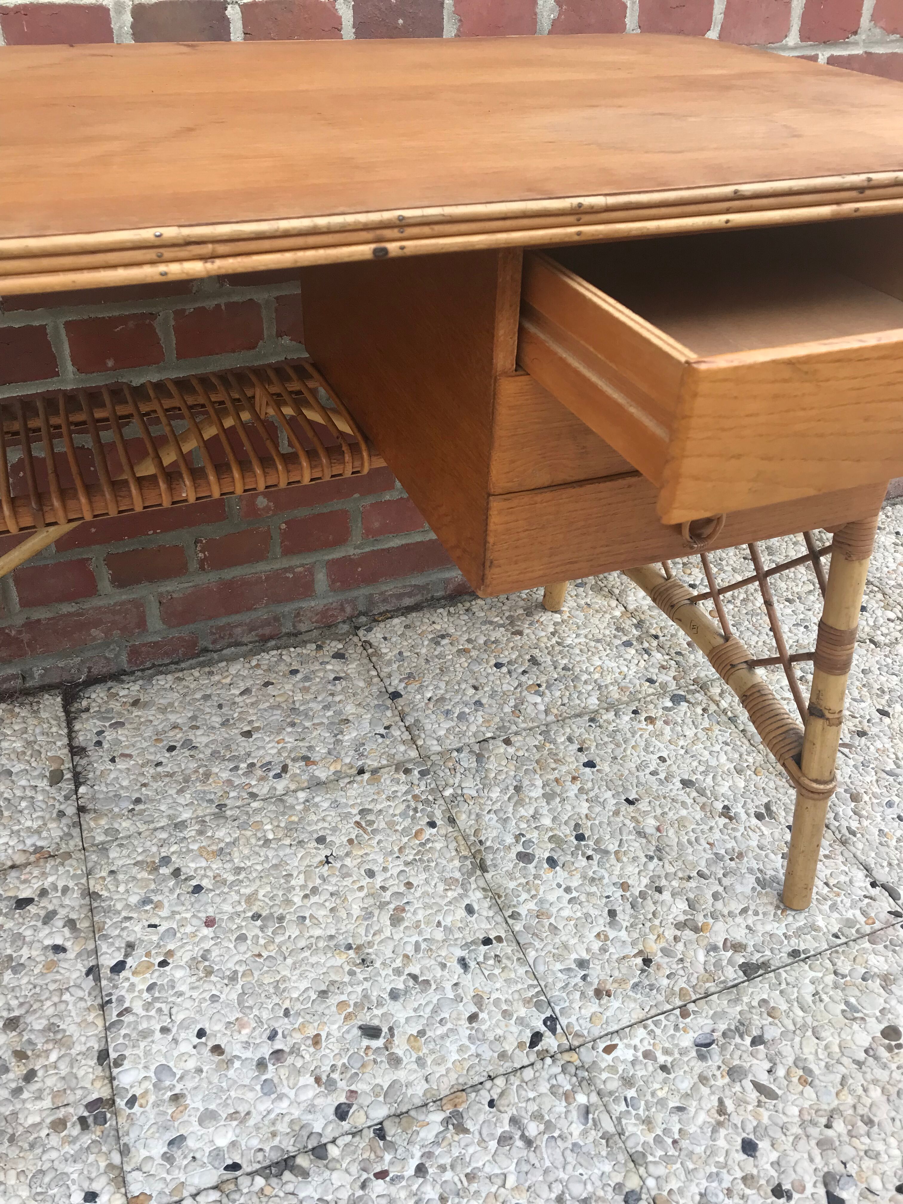 Vintage desk with 3 rattan drawers by Louis Sognot 1960