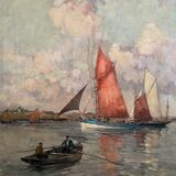 Oil on canvas by Ernest Vauthrin (1878-1949) boats in Brittany