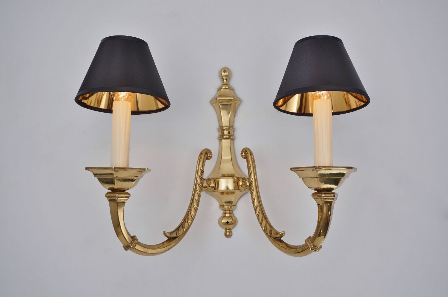 Pair brass wall lights sconces, twin arm, Neoclassical, 1950`s ca, English