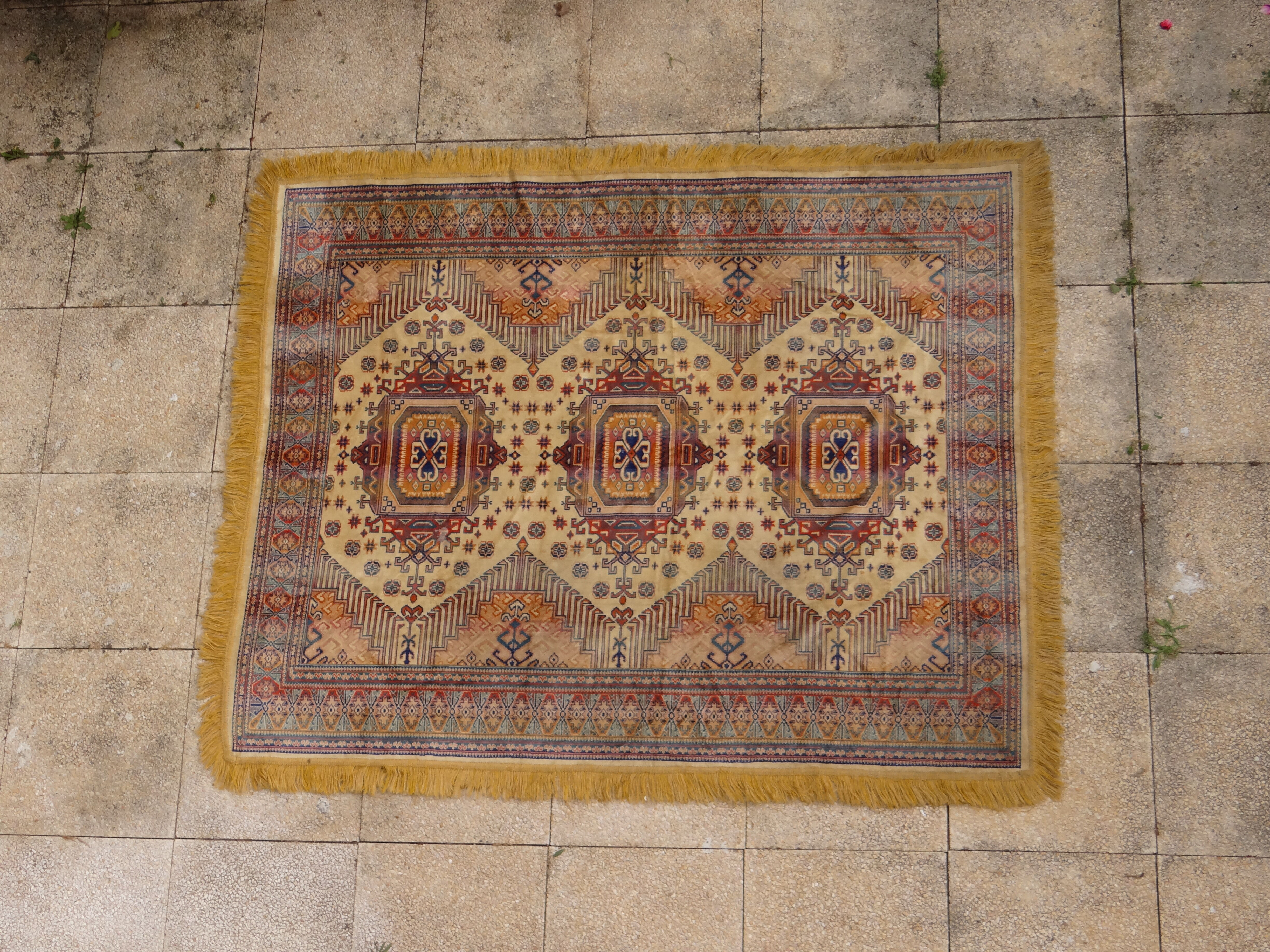 Kazak rug 180x150 cm vintage handmade oriental patterns ochre and burgundy