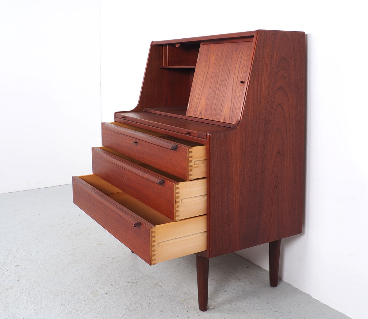 Danish teak secretaire with mirror and pull out desk, 1960s Danish teak secretaire with mirror