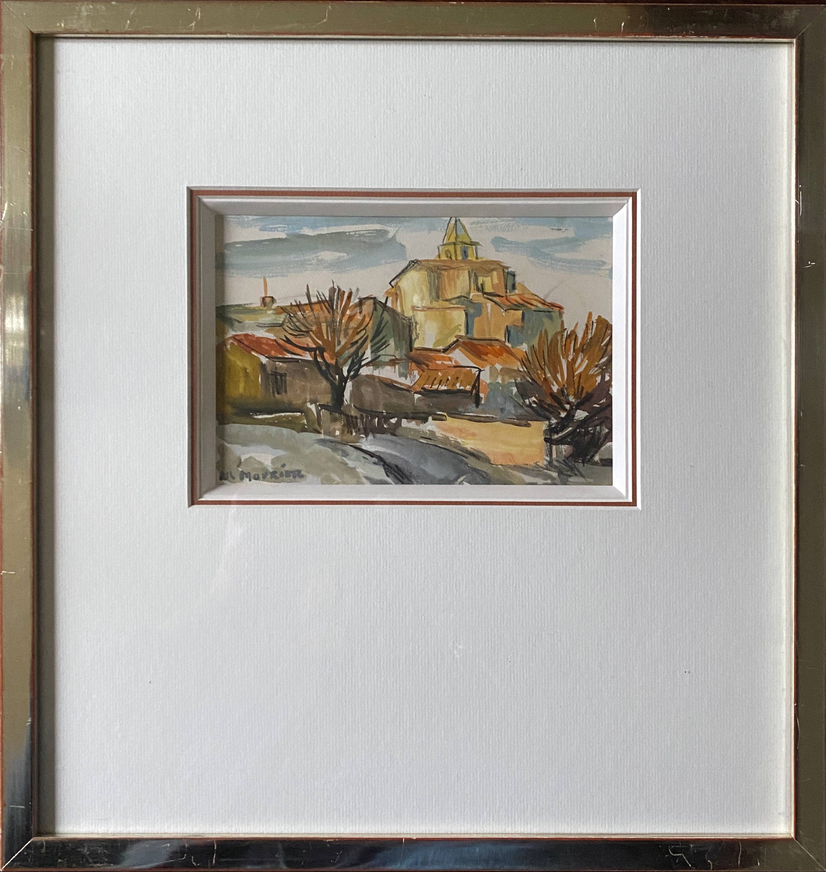 Watercolor Painting MOURIER Marguerite (1910-1987) "the village church" + frame