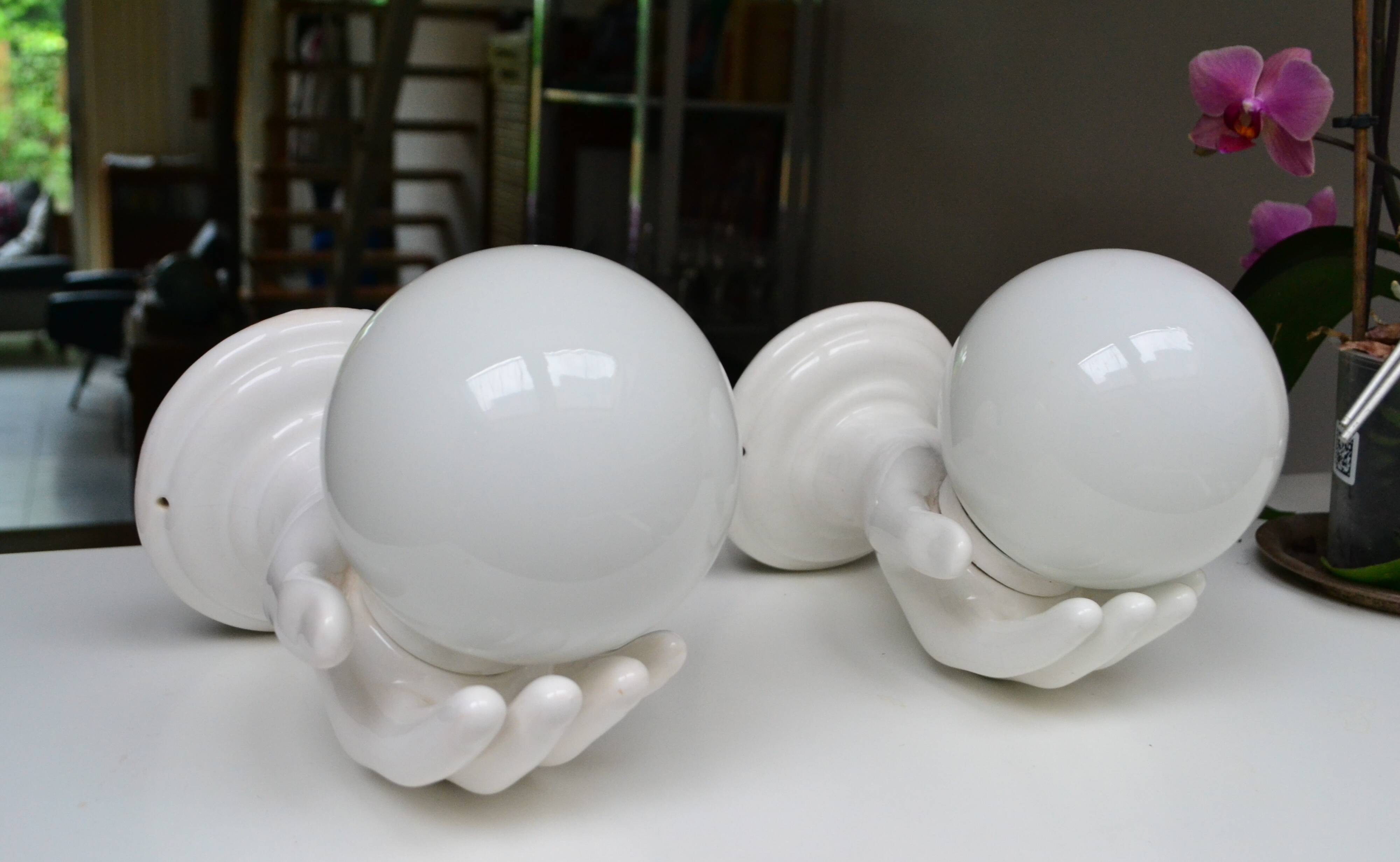 Pair of white ceramic wall lights from the 1970s.