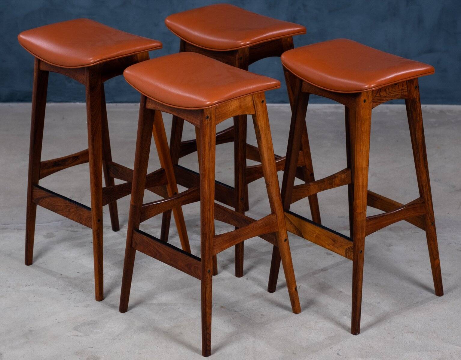 Mid-Century Bar Stools in Rosewood and Leather by Erik Buch for Dyrlund, Set of 4