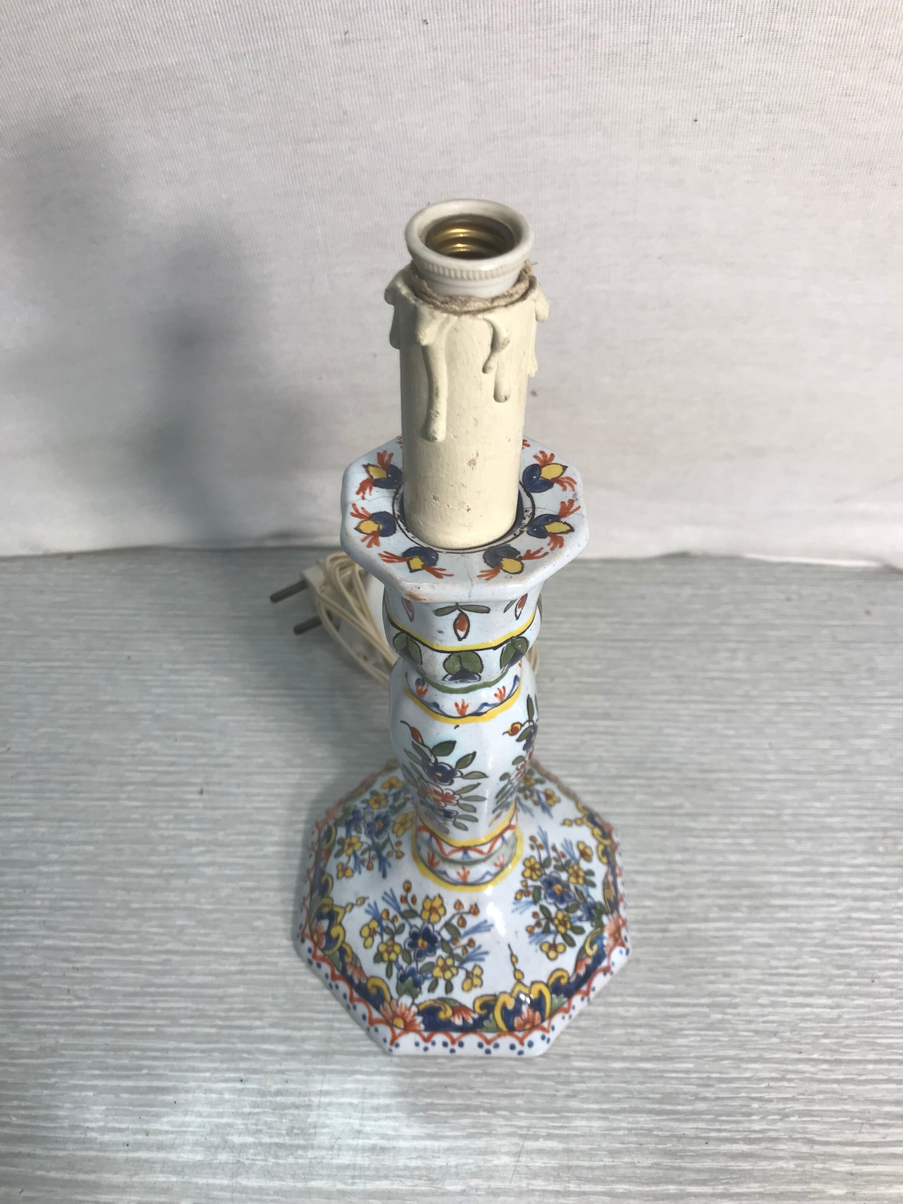 Vintage electrified candleholders in painted ceramic octagonal foot