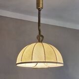 Large leather, vellum and brass Italian cocoon chandelier, Italy 1950s