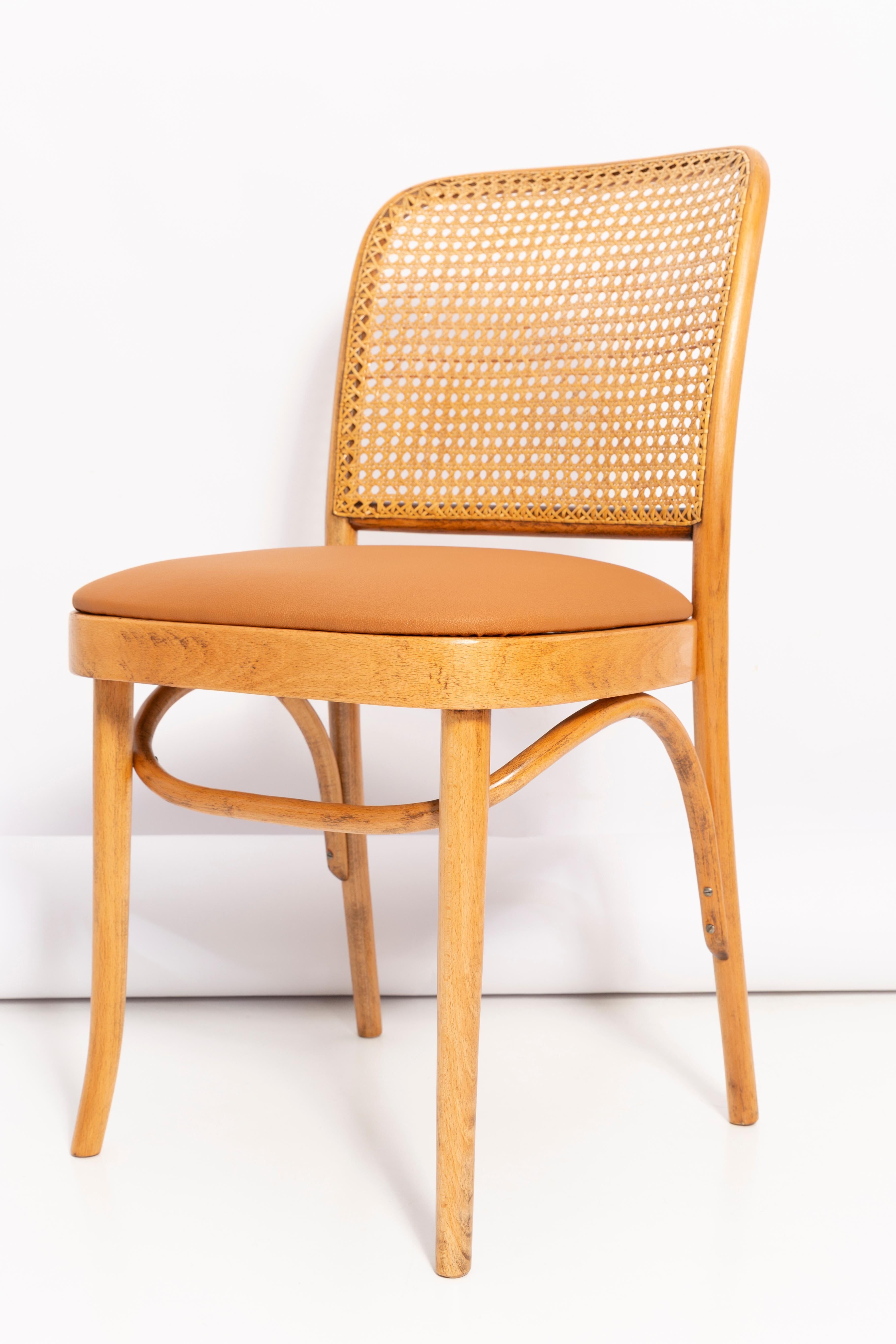Thonet chair in rattan, camel faux leather and wood - 1960s