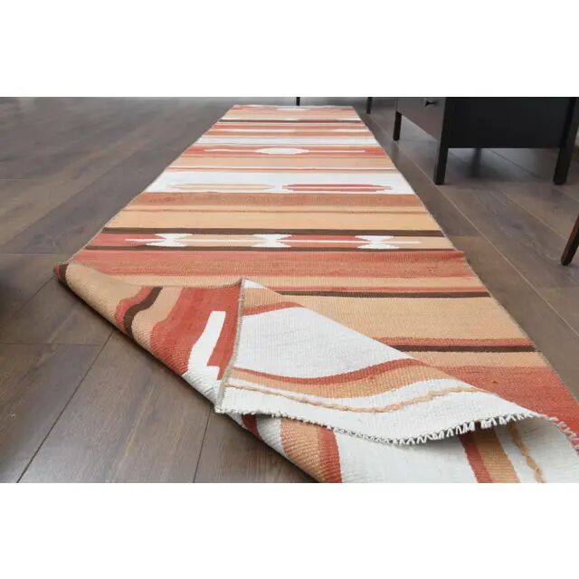 1970s Vintage Turkish Hand-Knotted Wool Cotton Orange Runner Rug 85389