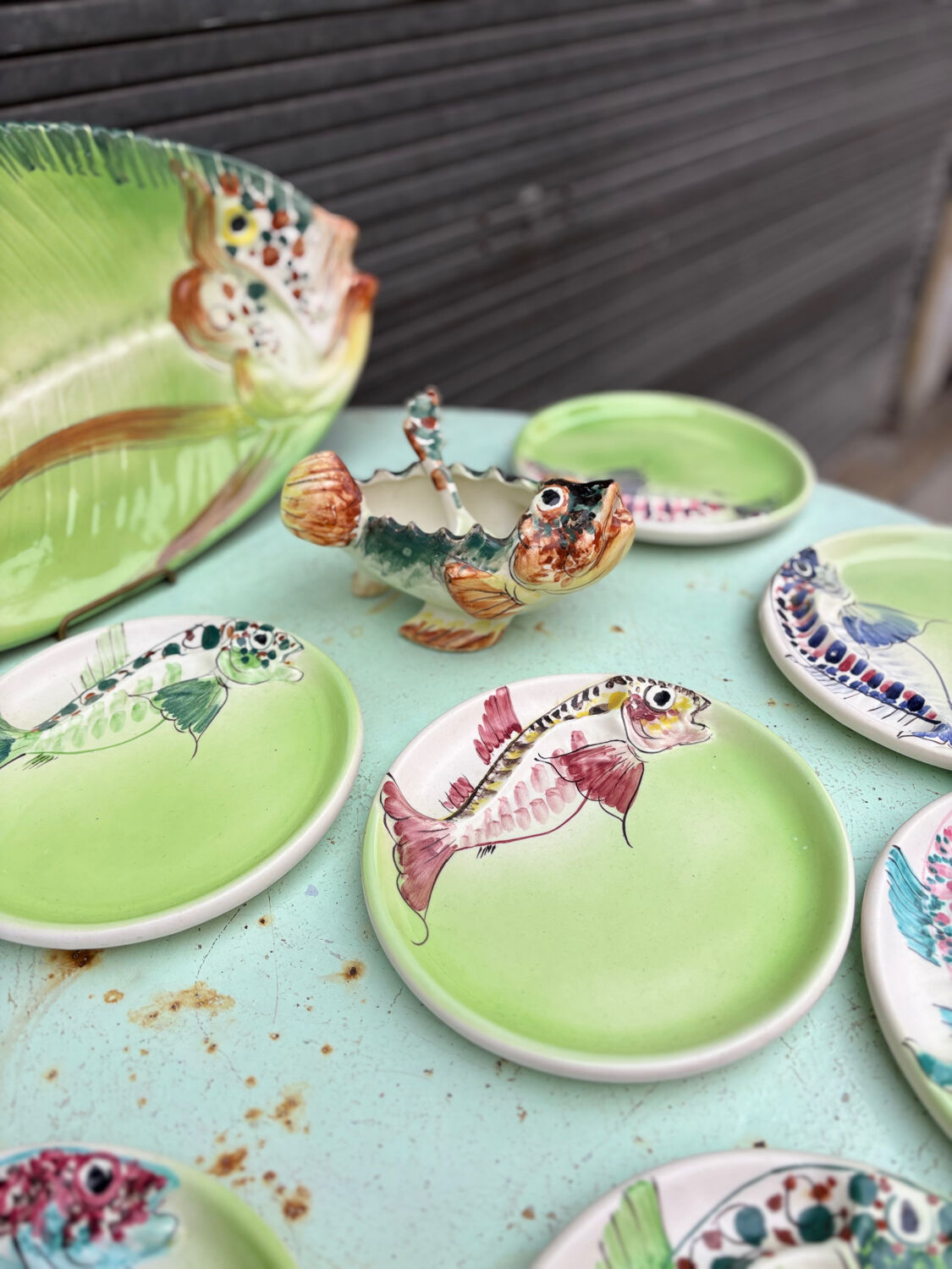 Vintage Vallauris ceramic dinnerware set. Fish design. 1960s