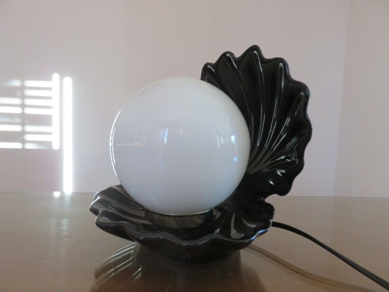 Black ceramic shell lamp and white opaline ball 1970