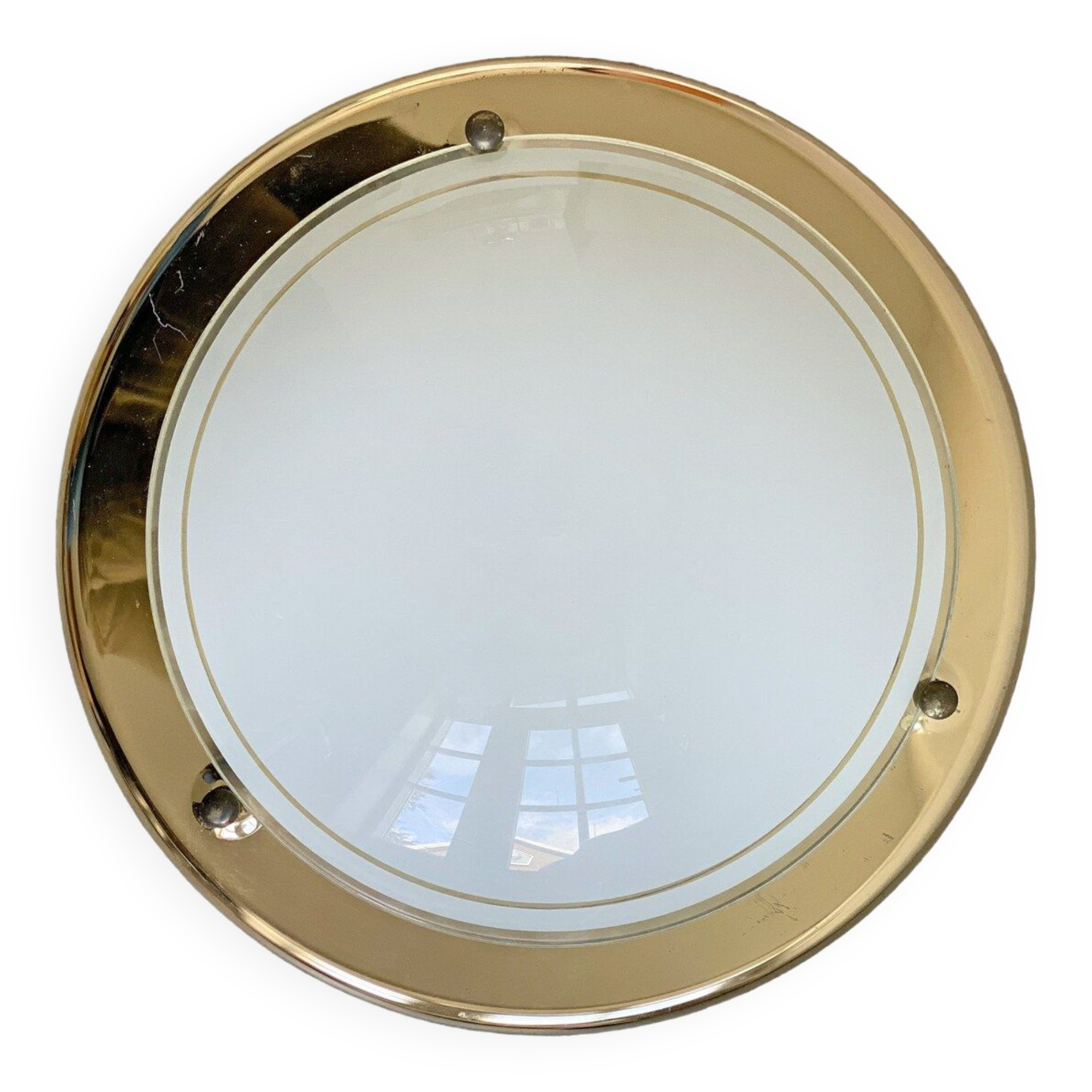 Vintage 80s round ceiling lamp brass & white glass