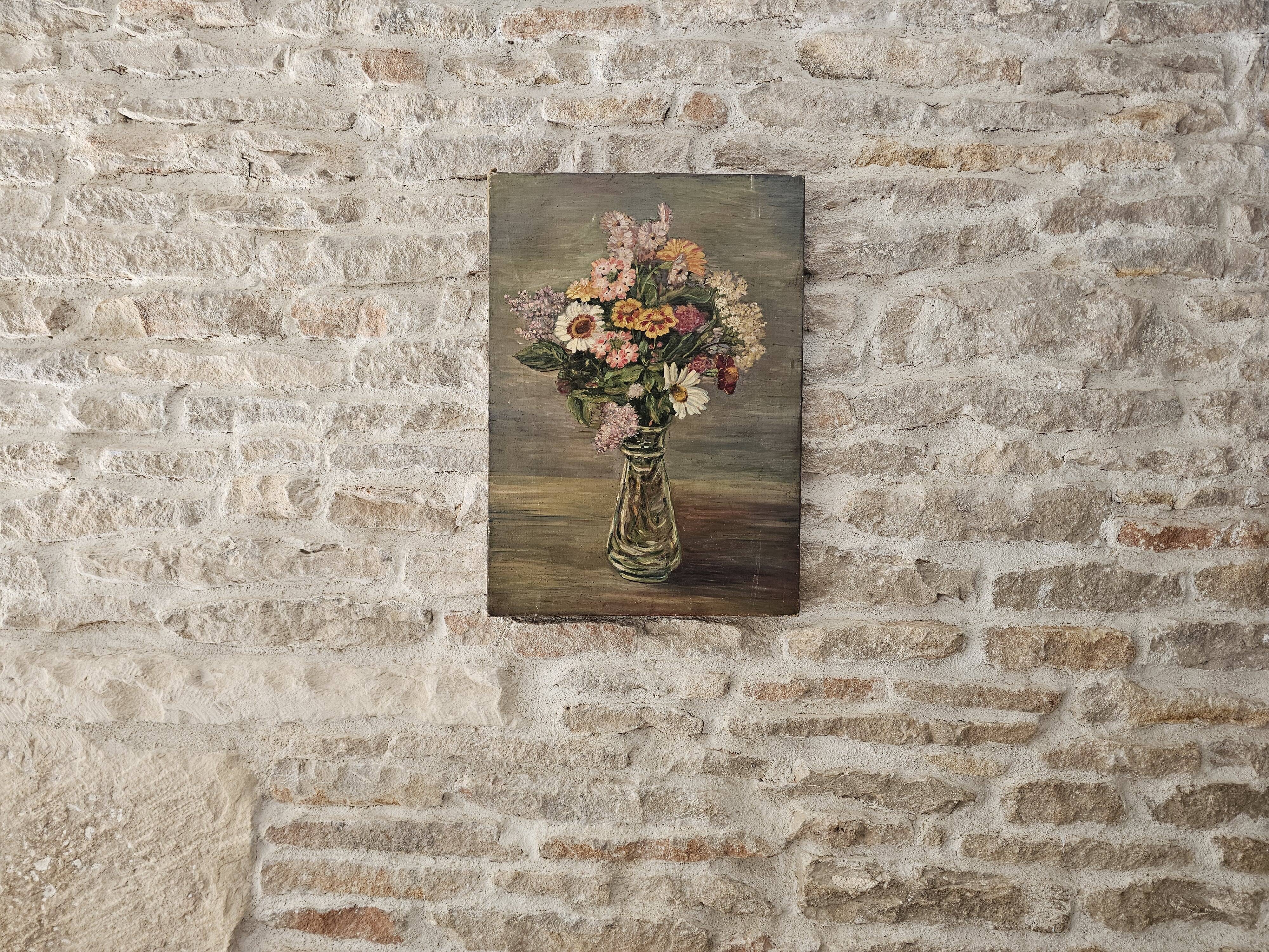 Old Oil on Canvas Painting - Still Life Spring Flower Bouquet