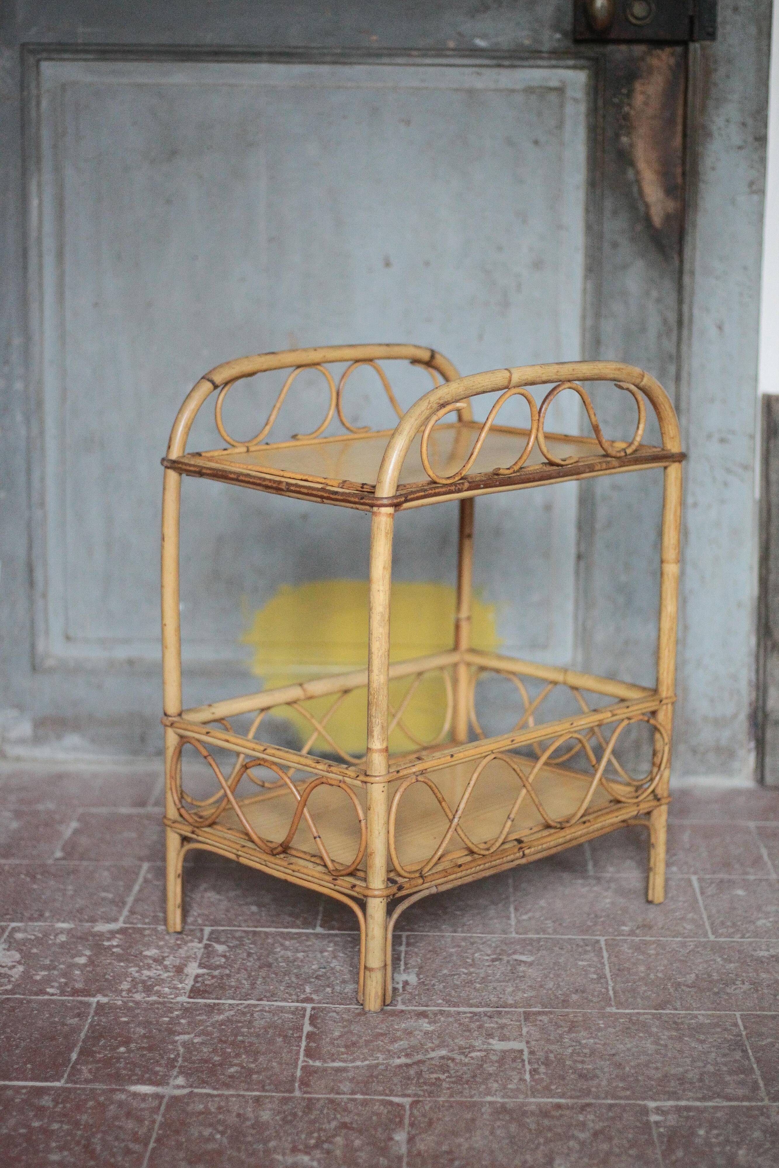 Vintage rattan serving table, two-tier side table.