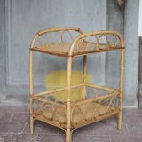 Vintage rattan serving table, two-tier side table.