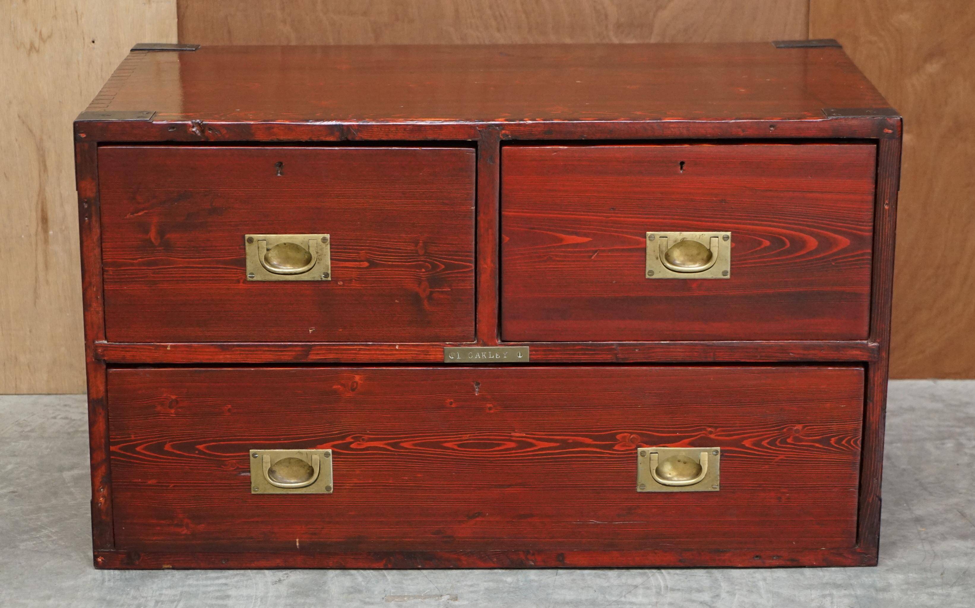 Antique Victorian military commode in Oregon pine with nameplate.