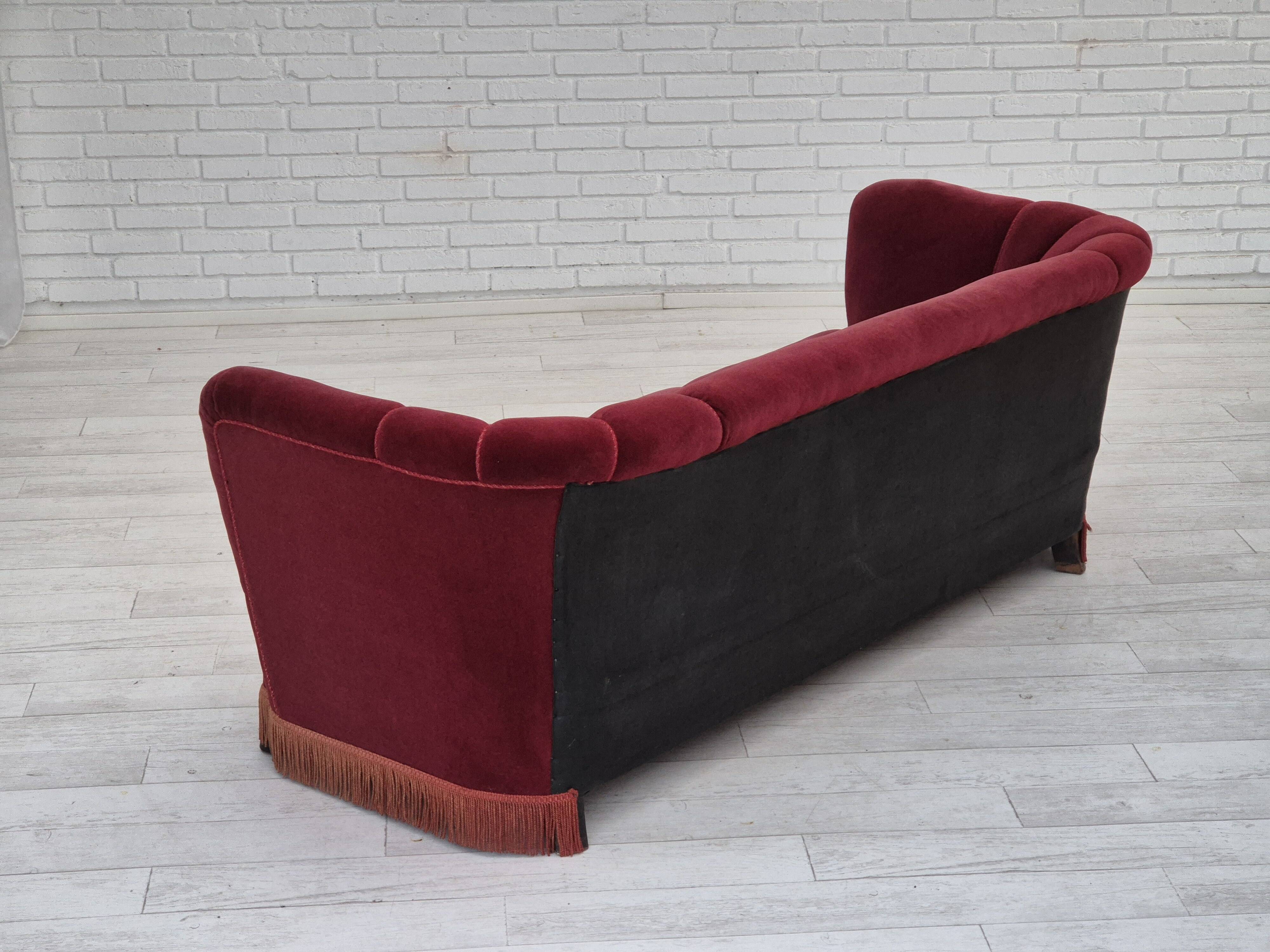1960s, Danish 3 seater sofa, original condition, cherry-red furniture velour.