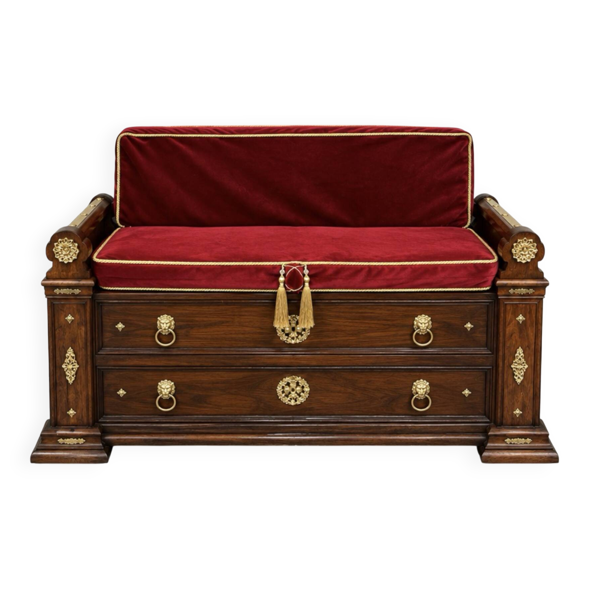 Bank-safe / medieval style bench – wood, red velvet and ornamentation