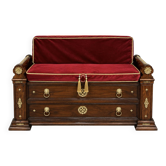 Bank-safe / medieval style bench – wood, red velvet and ornamentation