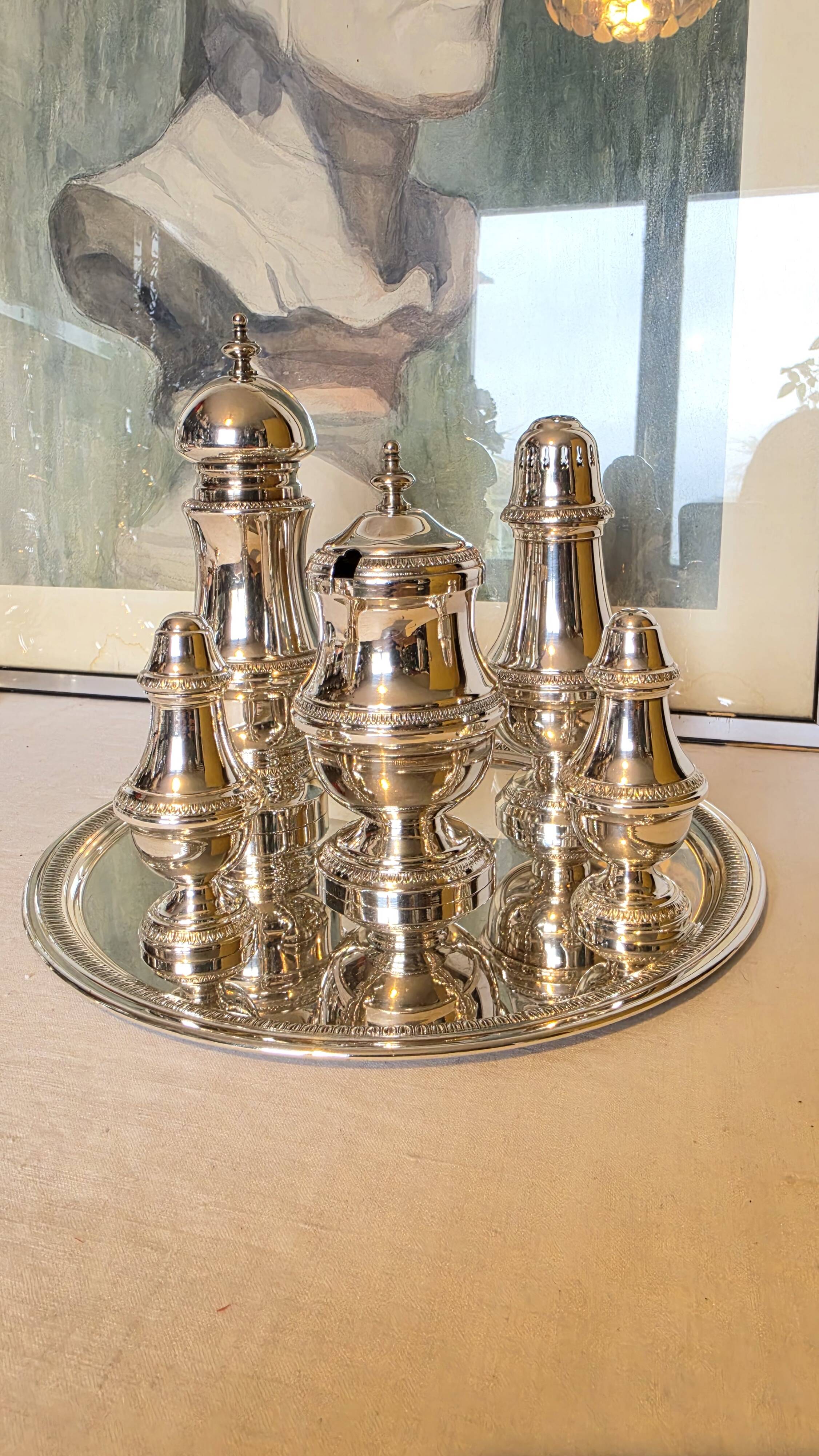 Exclusive 6-piece silver-plated spice service, classic Georgian style.