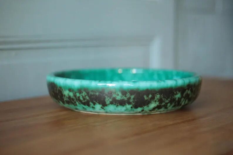 Ceramic dish Elchinger and sons, large round green dish, vintage catch-all, table art, interior decoration